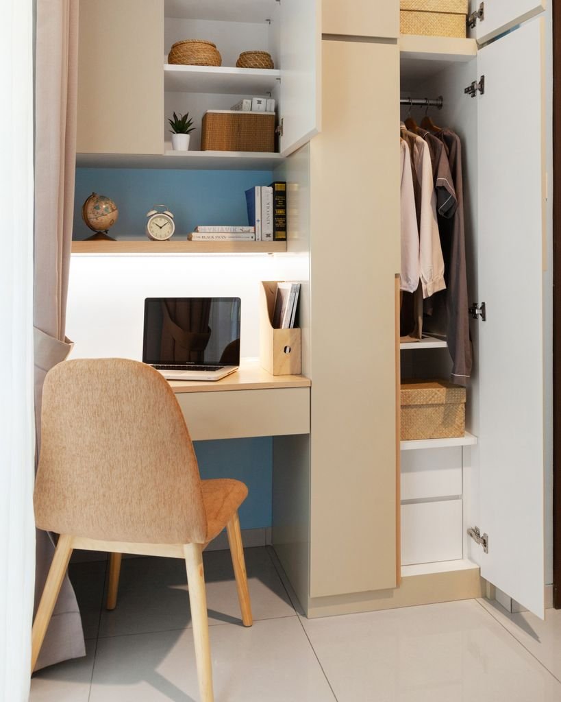 Small space organization with vertical storage for a home office